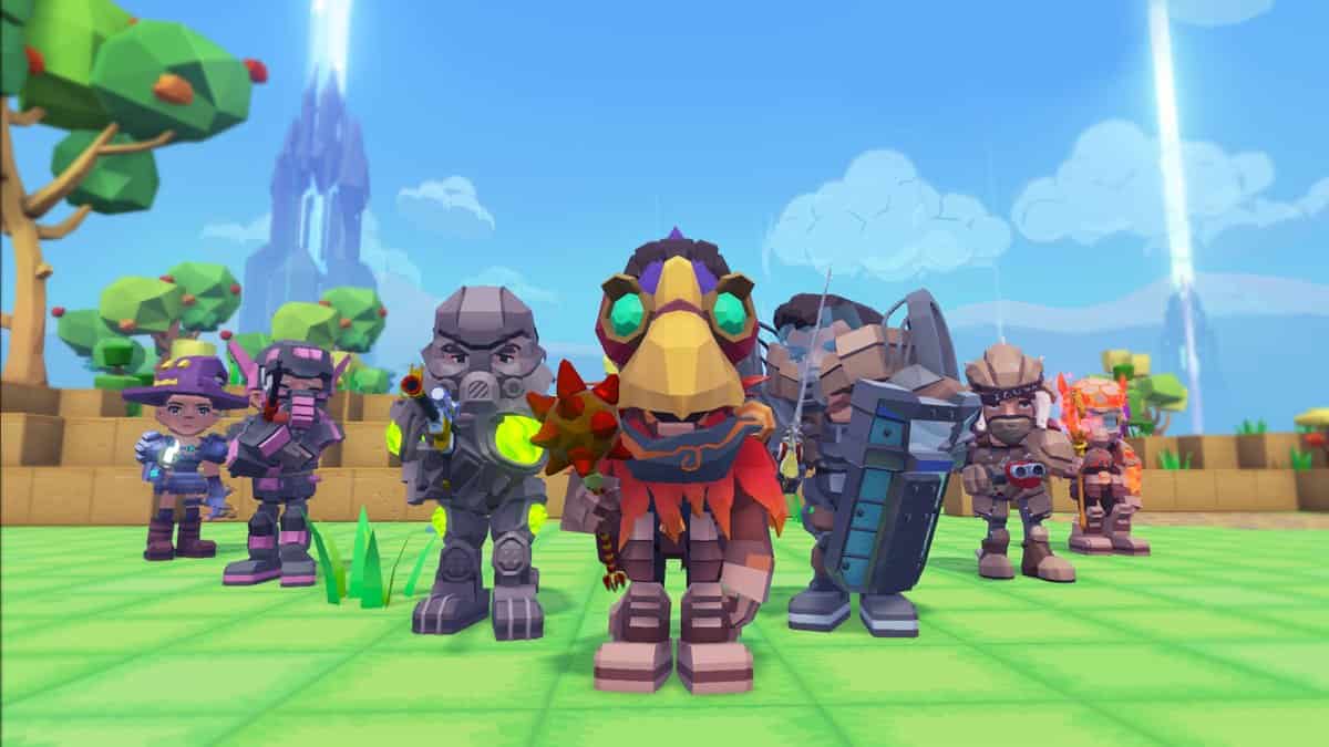 Groupe de personnages cubiques en armures variées dans un paysage voxel de PixARK avec arbres et château