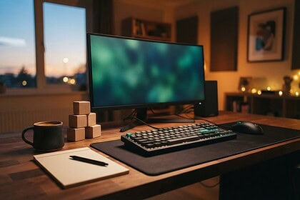 Bureau en bois éclairé au crépuscule avec écran large, clavier mécanique, mug et cubes de bois empilés