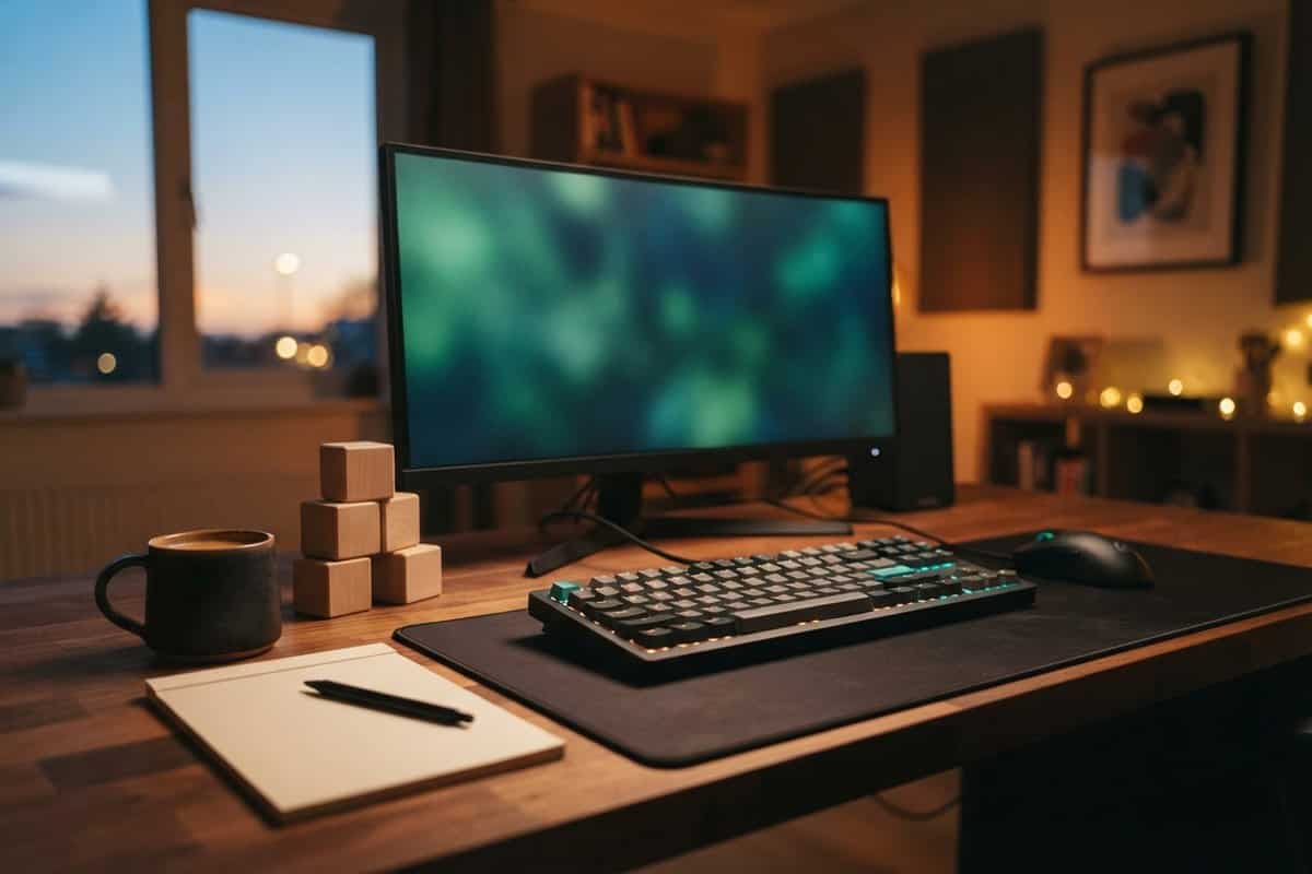 Bureau en bois éclairé au crépuscule avec écran large, clavier mécanique, mug et cubes de bois empilés