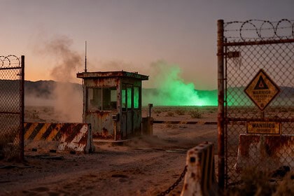 Poste de garde rouillé et clôtures barbelées dans un désert au crépuscule, lueur verte à l'horizon