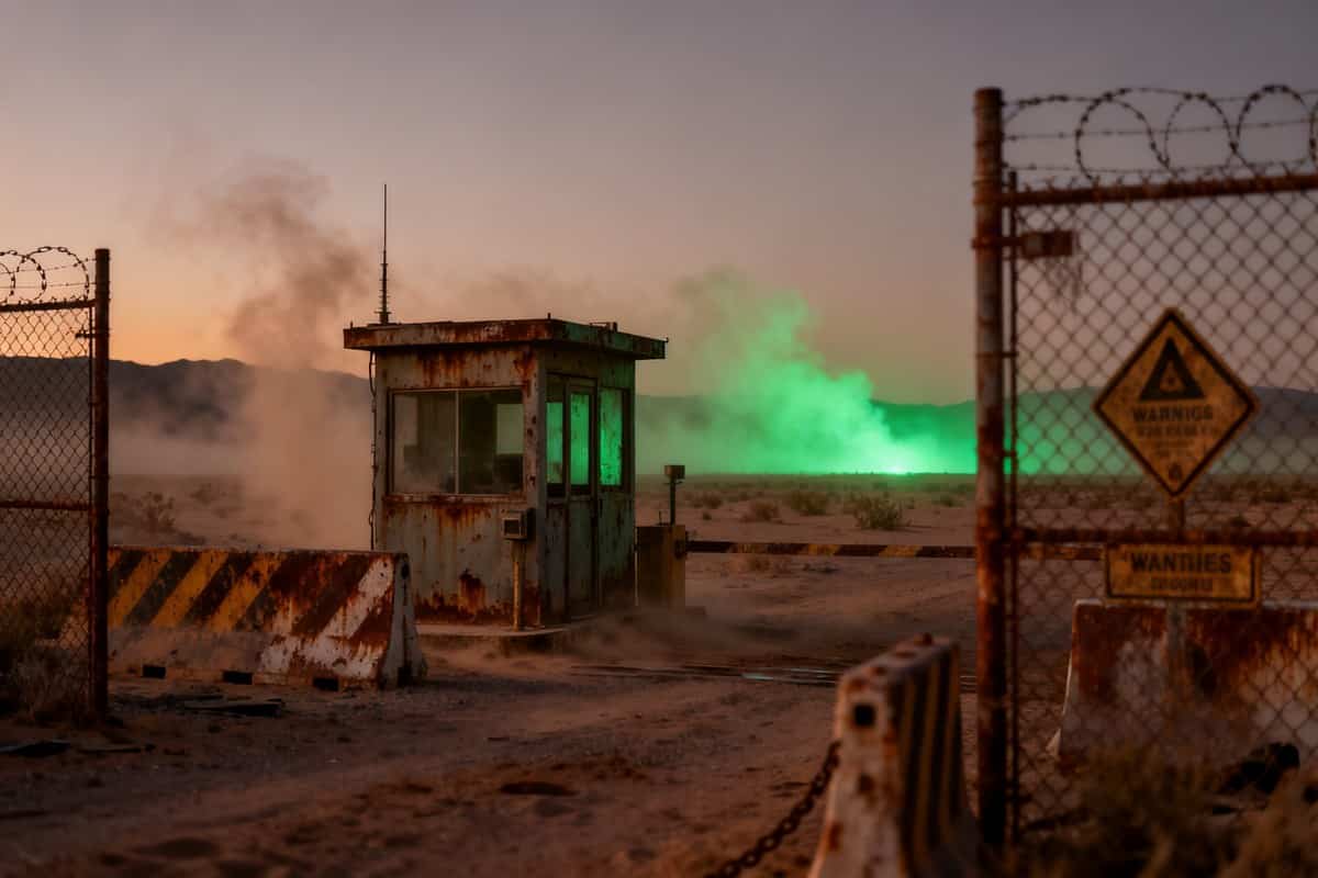Poste de garde rouillé et clôtures barbelées dans un désert au crépuscule, lueur verte à l'horizon