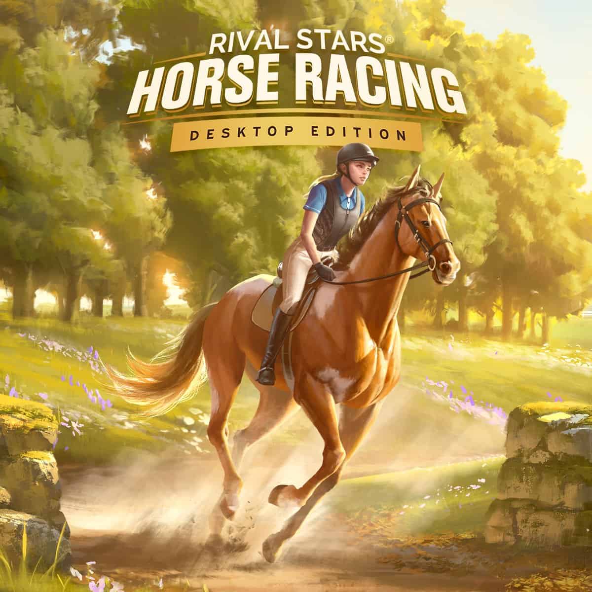 Jaquette officielle de Rival Stars Horse Racing : Desktop Edition, une cavalière au galop sur un chemin ensoleillé