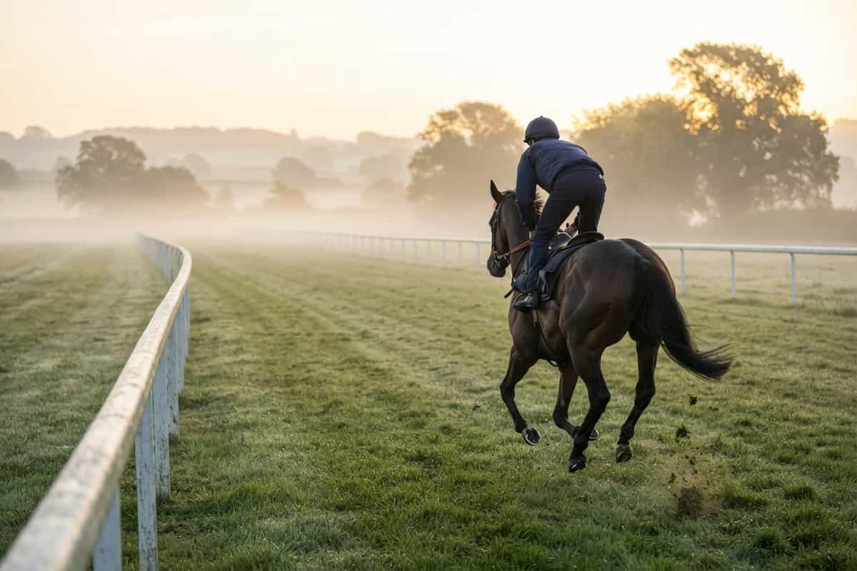 Cheval de course au galop sur une piste en herbe au lever du jour, cavalier vu de dos, brume et lice blanche