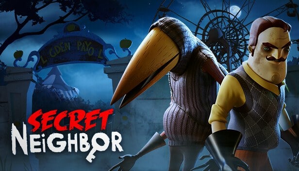 Jaquette de Secret Neighbor : le voisin moustachu et un personnage masqué au long bec devant un parc la nuit