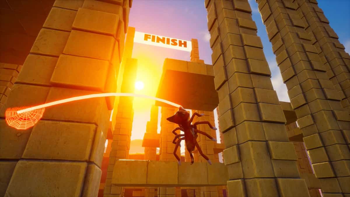 Le renard araignée de Spider Fox s'élance sur une toile vers une ligne d'arrivée au coucher du soleil