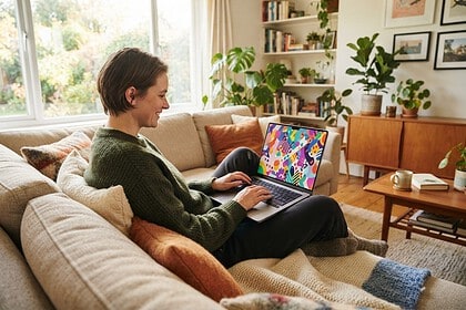 Une joueuse souriante joue à un jeu coloré sur un ordinateur portable dans un salon lumineux