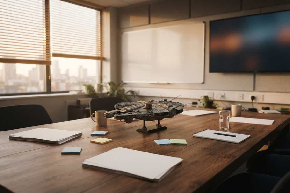 Maquette de vaisseau spatial posée sur la table d'une salle de réunion vide au petit matin