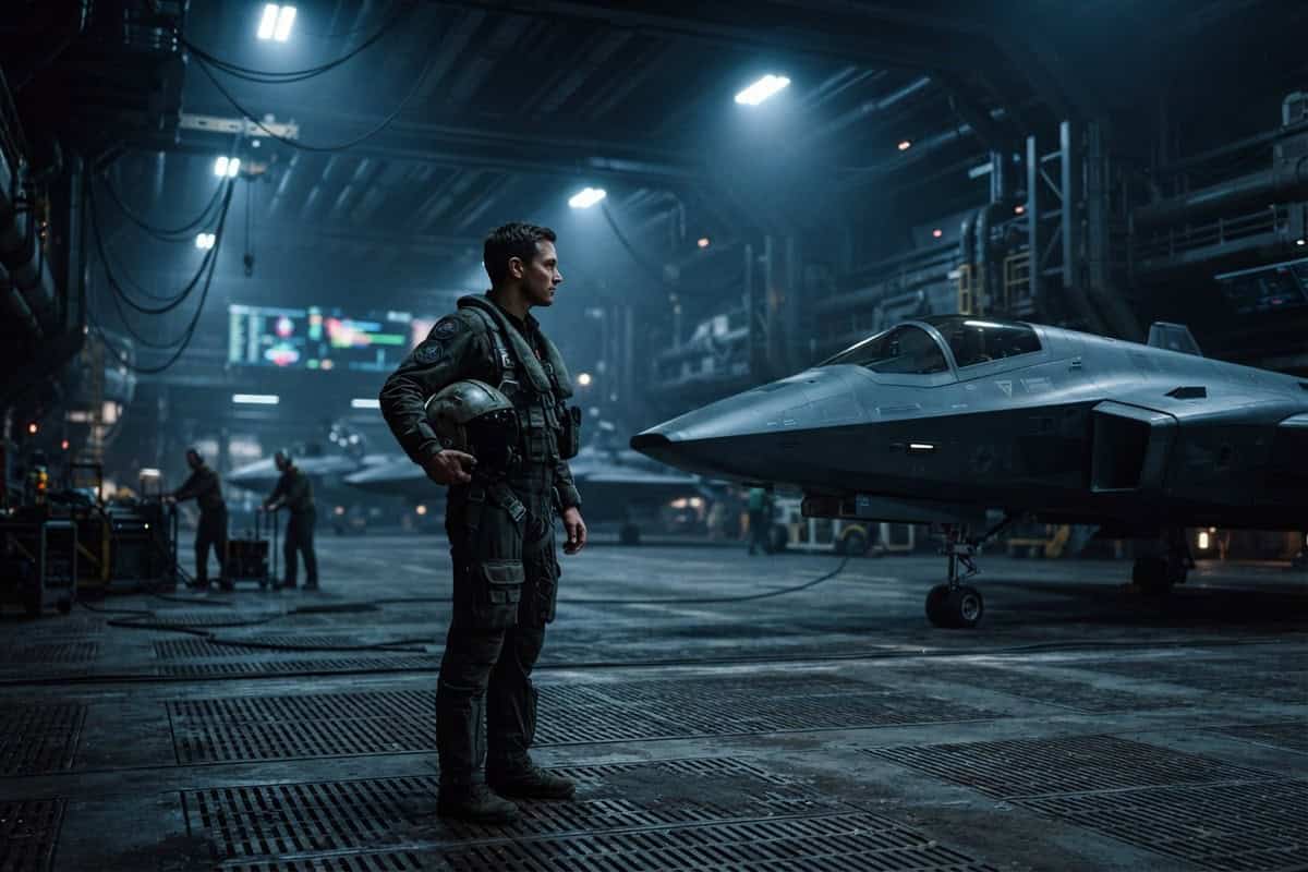 Pilote en combinaison de vol, casque sous le bras, face à un chasseur monoplace dans un hangar