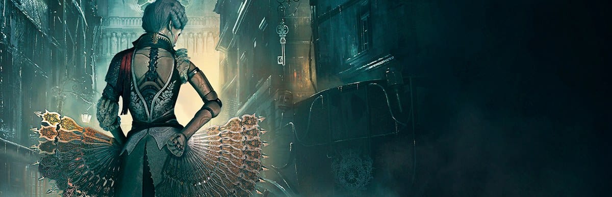 Visuel officiel de Steelrising, Aegis de dos avec ses éventails à pointes dans une rue parisienne