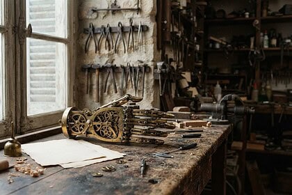 Main d'automate en laiton aux engrenages apparents posée sur un établi d'atelier ancien