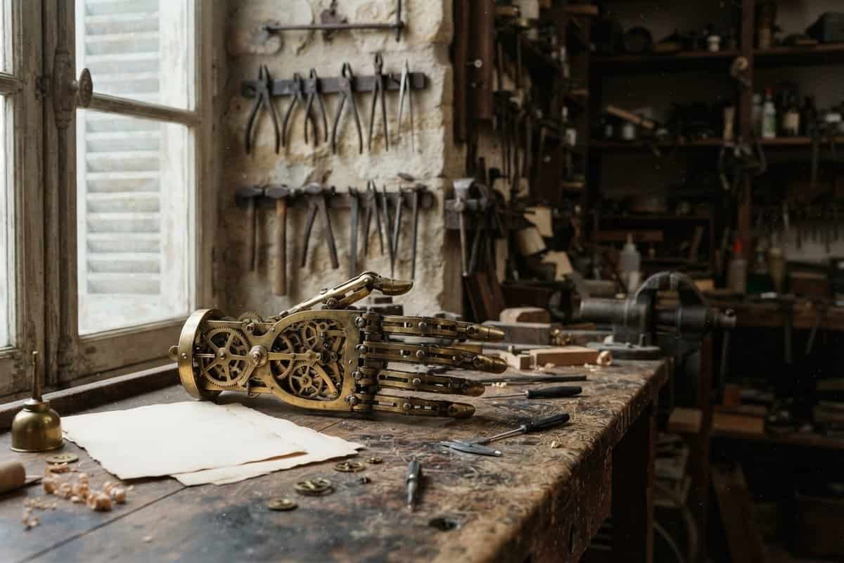 Main d'automate en laiton aux engrenages apparents posée sur un établi d'atelier ancien
