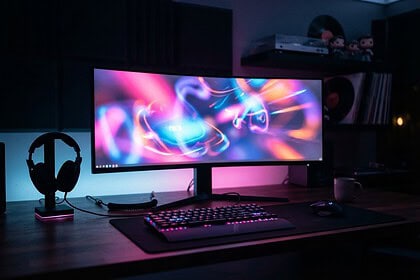 Écran incurvé d'un setup gaming dans une pièce sombre affichant des volutes lumineuses roses et bleues, clavier RGB