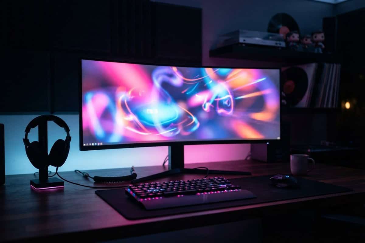 Écran incurvé d'un setup gaming dans une pièce sombre affichant des volutes lumineuses roses et bleues, clavier RGB