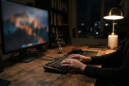 Des mains sur un clavier mécanique devant un écran flou, un sablier posé sur le bureau en bois
