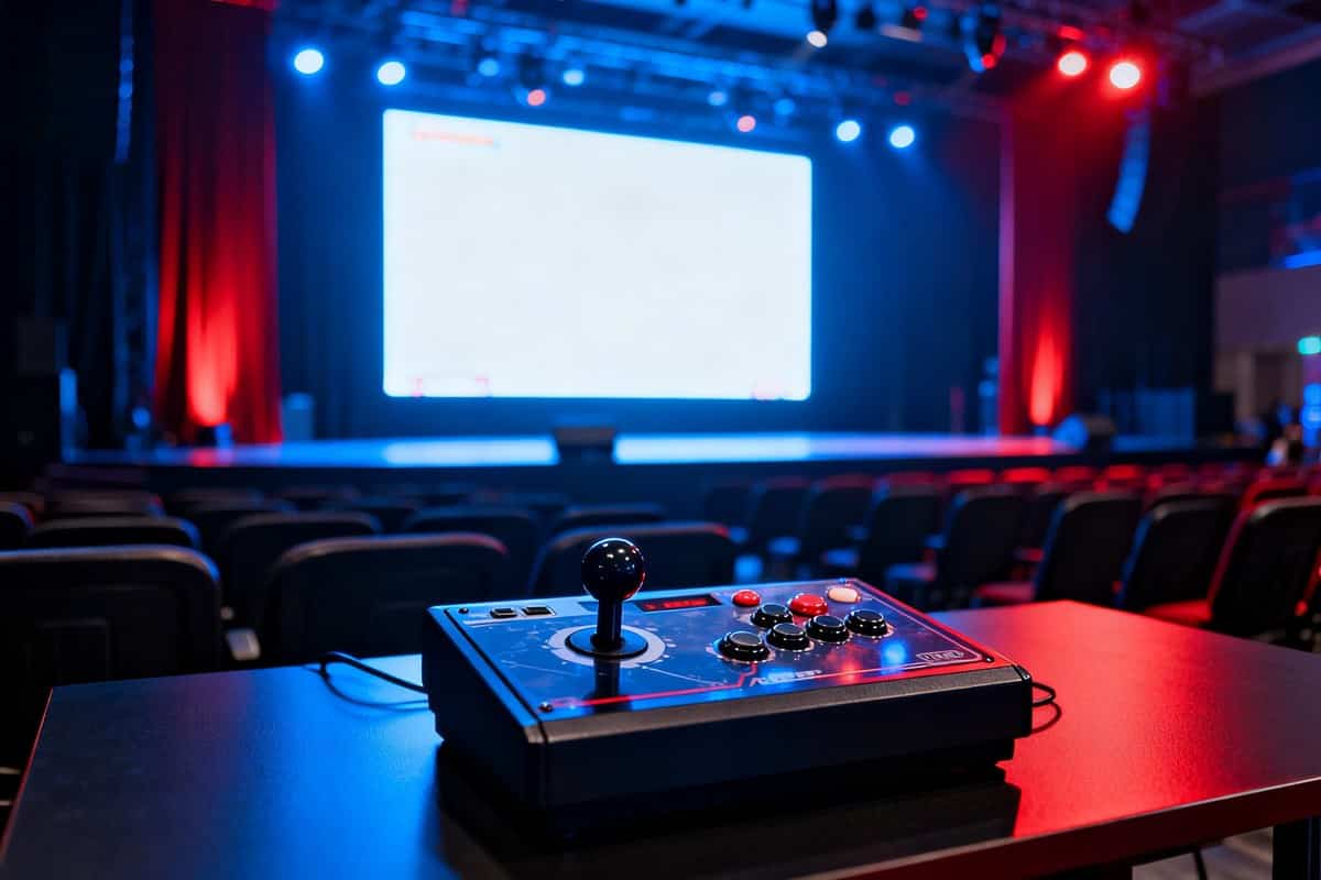 Scène de tournoi e-sport de jeu de combat, éclairage rouge et bleu, borne d'arcade au premier plan