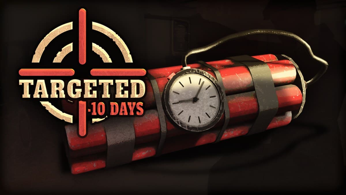 Jaquette de Targeted - 10 Days : logo en réticule de visée devant un bâton de dynamite muni d'une horloge