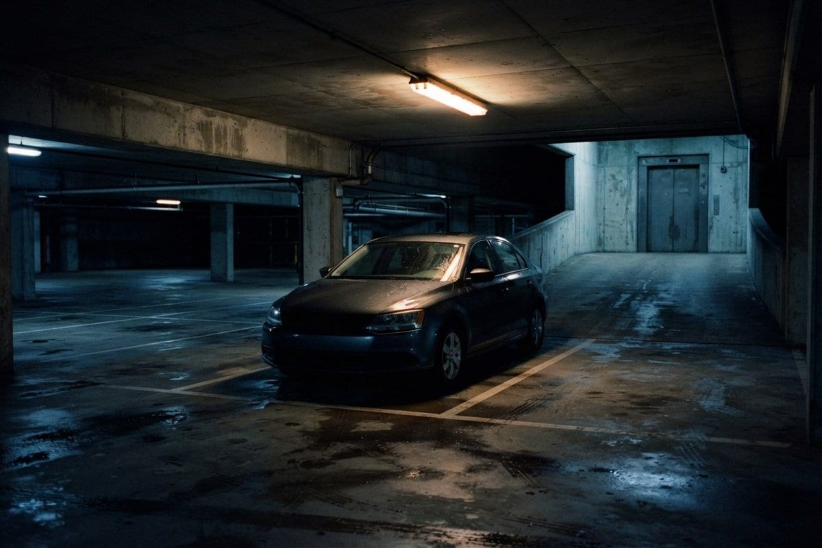 Berline garée seule dans un parking souterrain sombre, sol humide, portes d'ascenseur au fond
