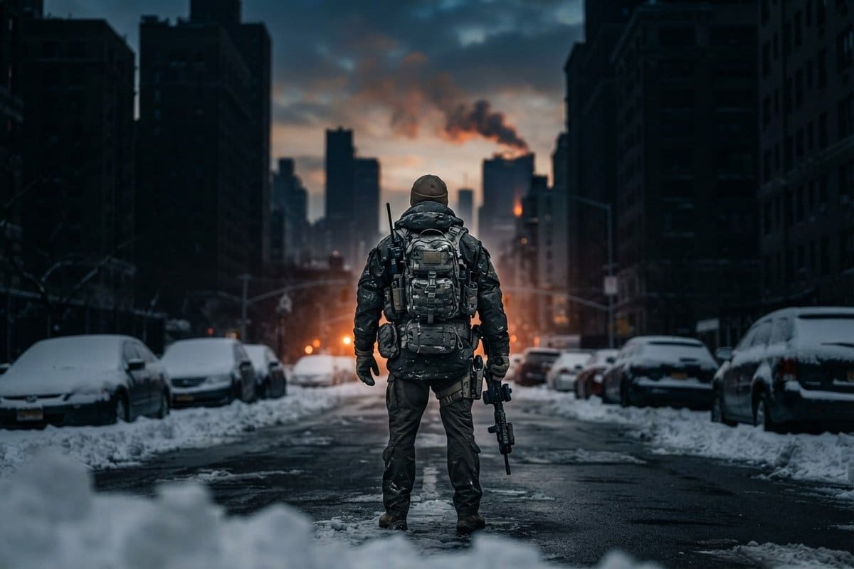Agent tactique de dos, sac et arme, dans une rue de New York enneigée et désertée au crépuscule