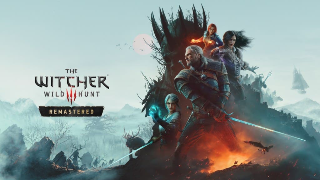 Visuel officiel du remaster de The Witcher 3 : Geralt, épée tirée, entouré de trois personnages sur un pic rocheux