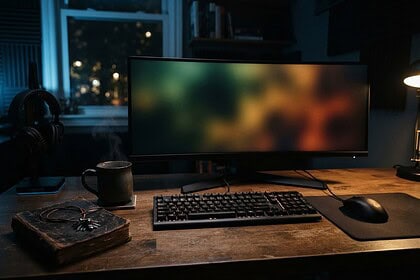 Bureau en bois éclairé la nuit avec écran ultra-large flou, clavier mécanique, souris, mug fumant et vieux livre relié