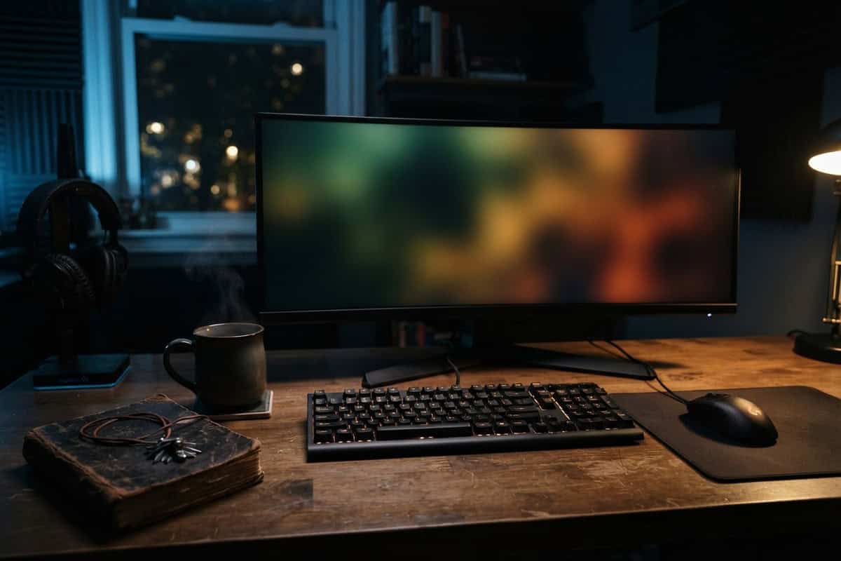 Bureau en bois éclairé la nuit avec écran ultra-large flou, clavier mécanique, souris, mug fumant et vieux livre relié