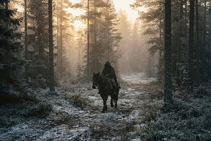 Cavalier encapuchonné sur un cheval sombre traversant un sentier forestier givré dans la brume, au lever du jour