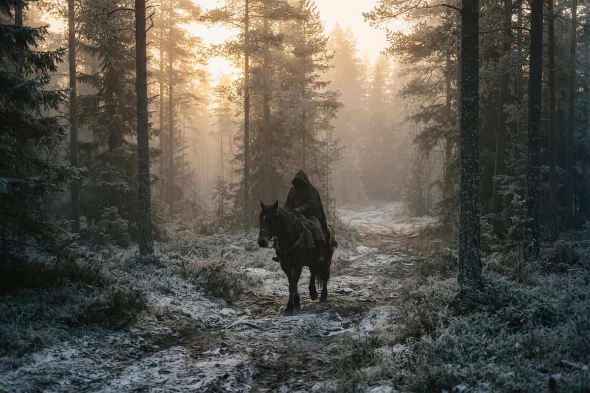 Cavalier encapuchonné sur un cheval sombre traversant un sentier forestier givré dans la brume, au lever du jour