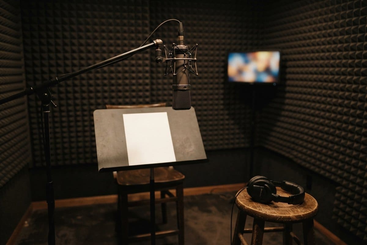 Micro de studio sur perche dans une cabine d'enregistrement sombre, casque posé sur un tabouret et chaise vide