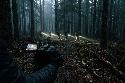Caméra tenue à bout de bras filmant quatre personnes aux lampes torches dans une forêt brumeuse la nuit