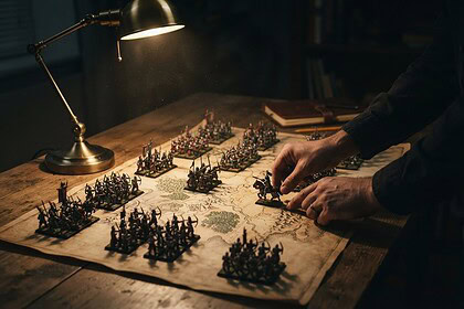Des figurines de soldats fantastiques disposées en formations sur une carte de bataille éclairée par une lampe