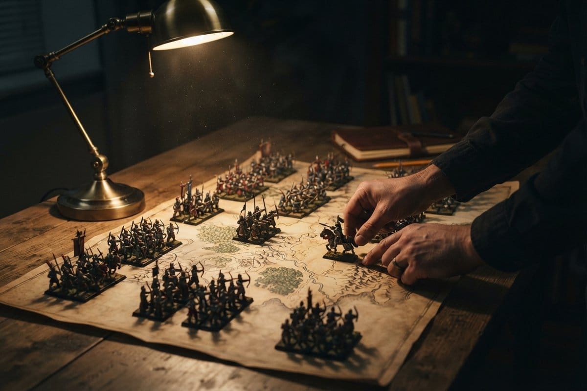 Des figurines de soldats fantastiques disposées en formations sur une carte de bataille éclairée par une lampe
