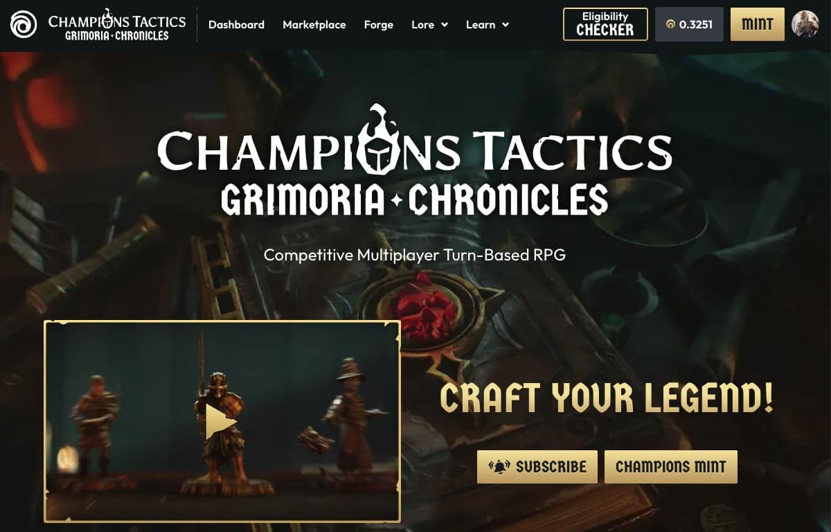 Page d'accueil officielle de Champions Tactics: Grimoria Chronicles avec son interface de mint et son marché