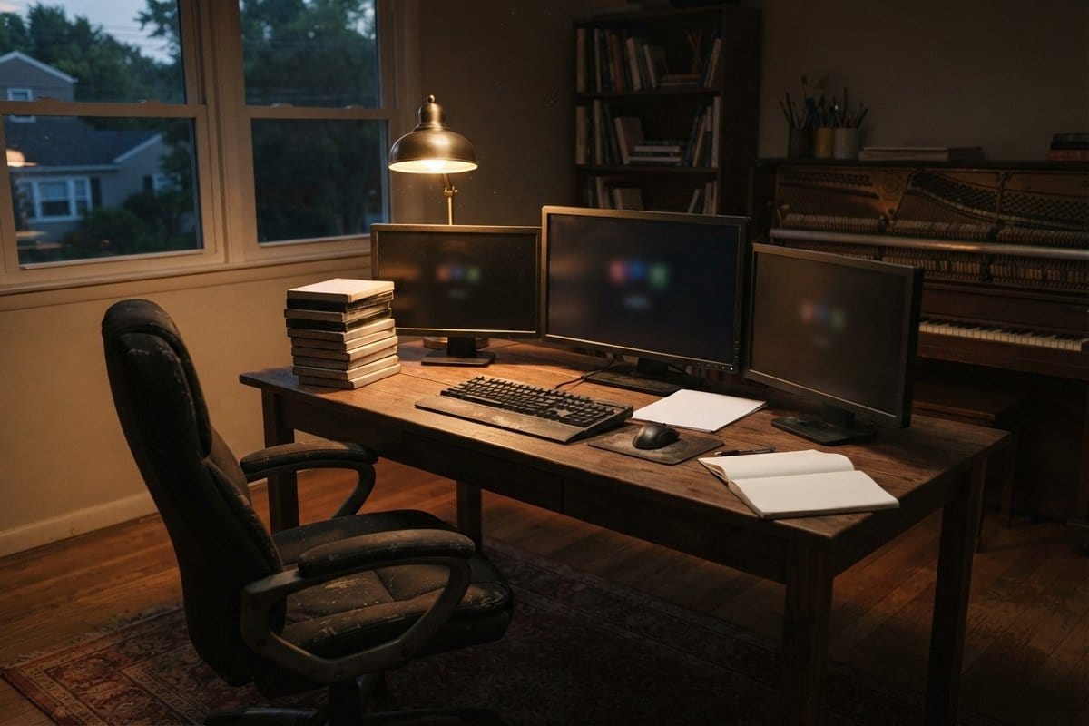 Bureau vide au crépuscule avec trois écrans éteints, un fauteuil reculé et un piano droit en arrière-plan