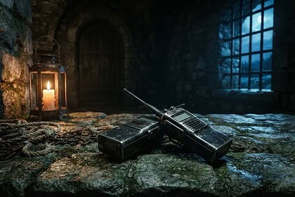 Deux talkies-walkies sur le sol de pierre d'un château sombre, éclairés par une lanterne à bougie près d'une fenêtre