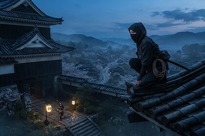 Une shinobi encapuchonnée accroupie sur le toit d'un château japonais au crépuscule, au-dessus d'un village brumeux.