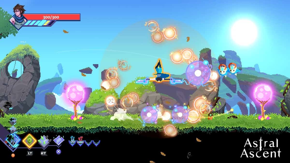 Combat en pixel art dans Astral Ascent : un héros lance des sorts lumineux face à des ennemis volants