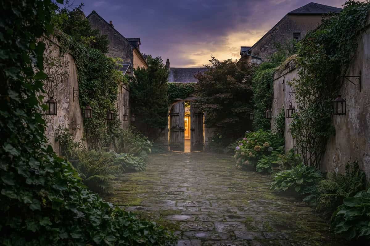 Cour pavée bordée de murs de pierre couverts de lierre, avec une porte en bois ouverte sur une lumière chaude