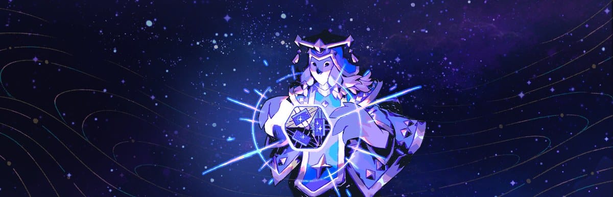 Illustration officielle d'Astrea : un oracle tient un dé lumineux devant un fond étoilé violet.