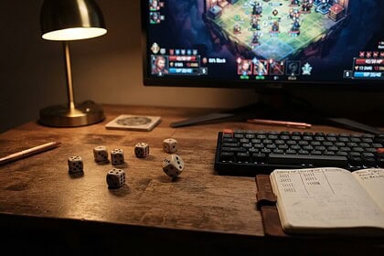 Des dés à six faces posés sur un bureau en bois devant un clavier et un écran affichant un combat au tour par tour.