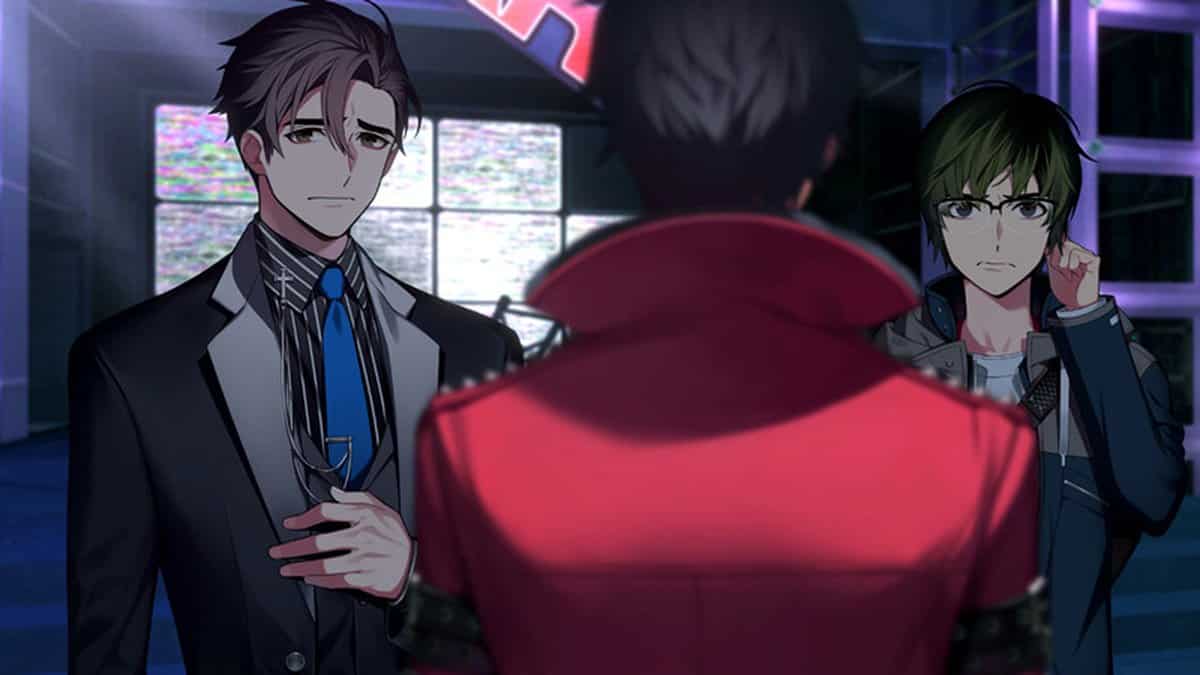 Illustration de Buried Stars : deux candidats face à un personnage de dos en manteau rouge, sur un plateau sombre.