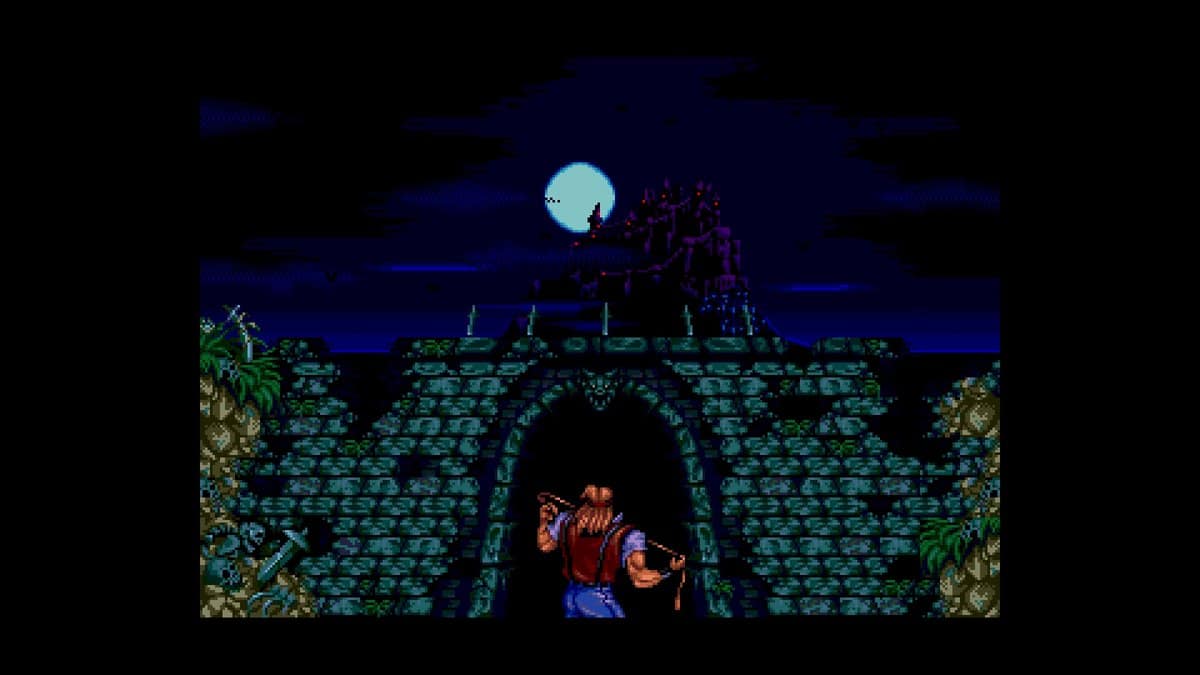 Un chasseur de vampires en pixel art avance vers un porche de pierre, le château de Dracula sous la lune