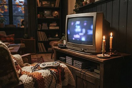 Un téléviseur cathodique allumé sur un meuble en bois, une manette posée sur un plaid et deux bougies