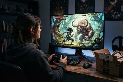 Joueuse à lunettes, manette en main, devant un écran où un combattant affronte une bête cornue, carton Amazon sur le bureau