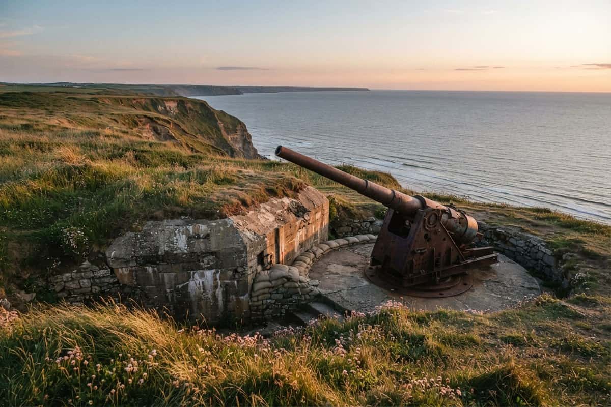 Canon côtier rouillé sur un emplacement bétonné en haut d'une falaise, face à la mer au coucher du soleil