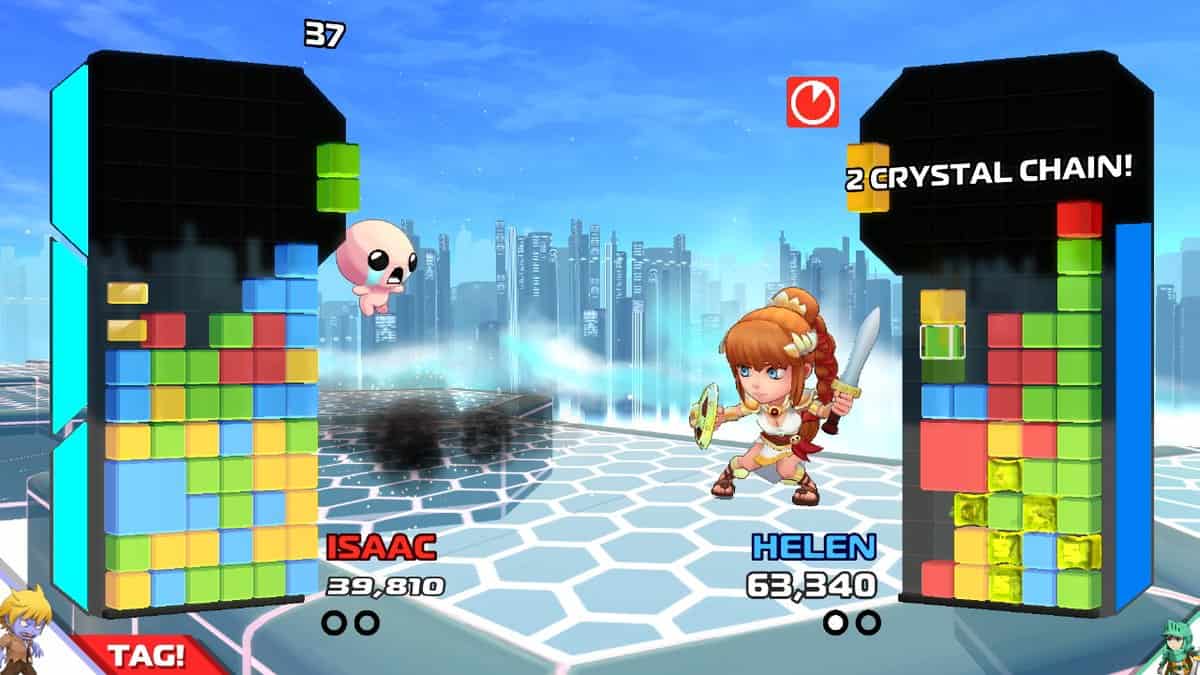 Duel de Crystal Crisis entre Isaac et Helen, deux colonnes de cristaux colorés de part et d'autre de l'arène