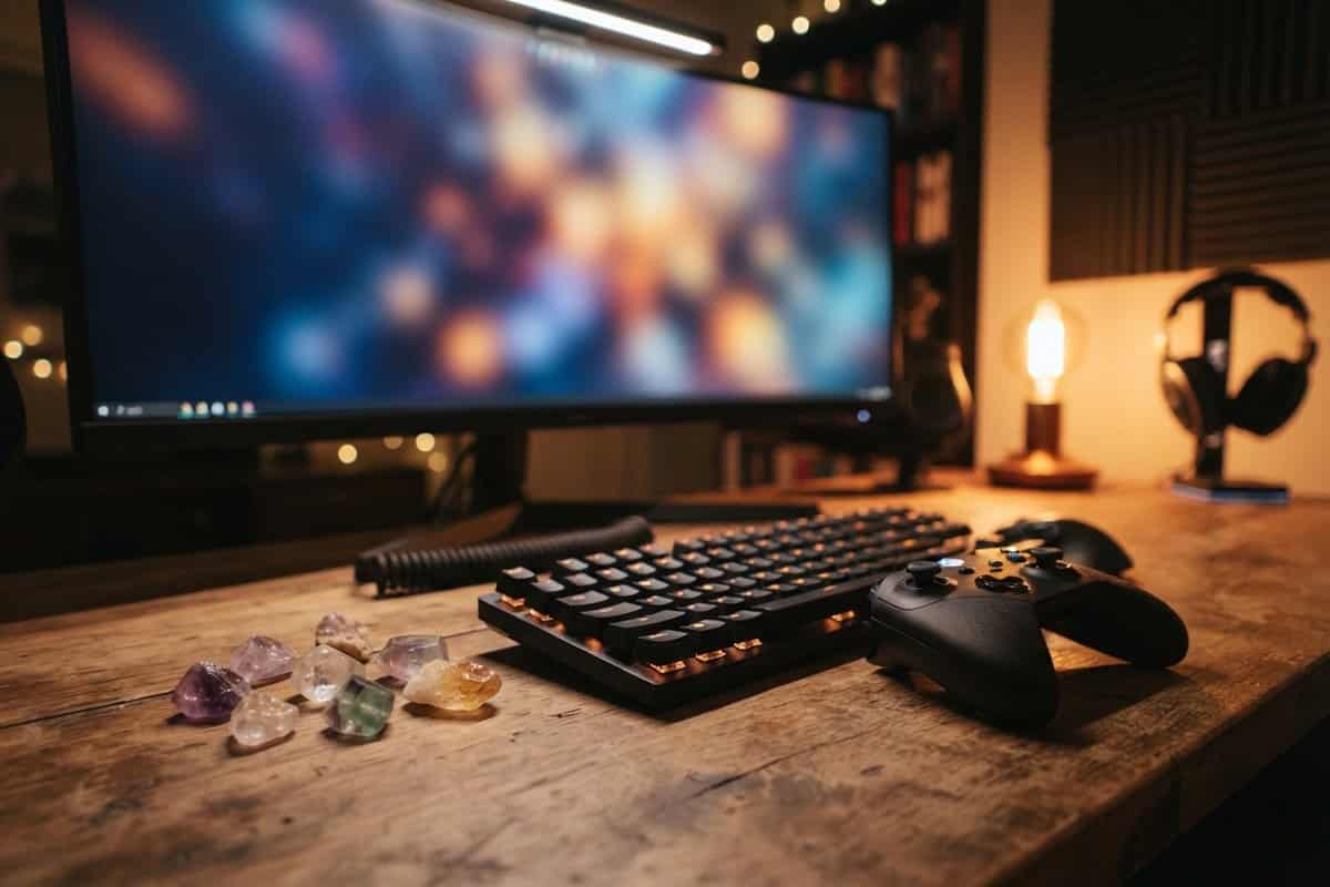 Clavier mécanique, manette et cristaux de couleur posés sur un bureau en bois devant un écran d'ordinateur flouté