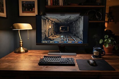 Écran d'ordinateur affichant un jeu de tir rétro en pixels dans un tunnel souterrain, sur un bureau en bois