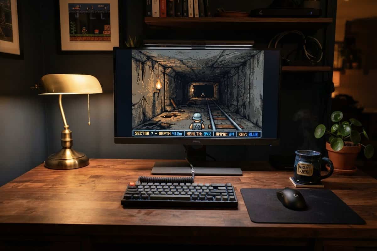 Écran d'ordinateur affichant un jeu de tir rétro en pixels dans un tunnel souterrain, sur un bureau en bois