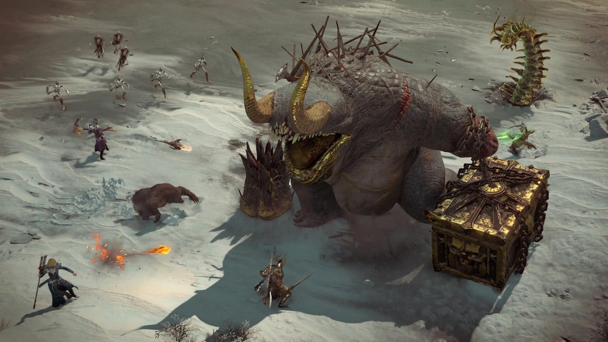 Capture de Diablo IV : plusieurs personnages affrontent un boss massif dans une zone enneigée