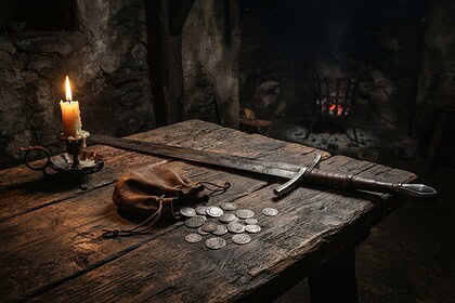 Épée longue posée sur une table en bois, bourse de cuir et pièces d'argent éclairées par une bougie